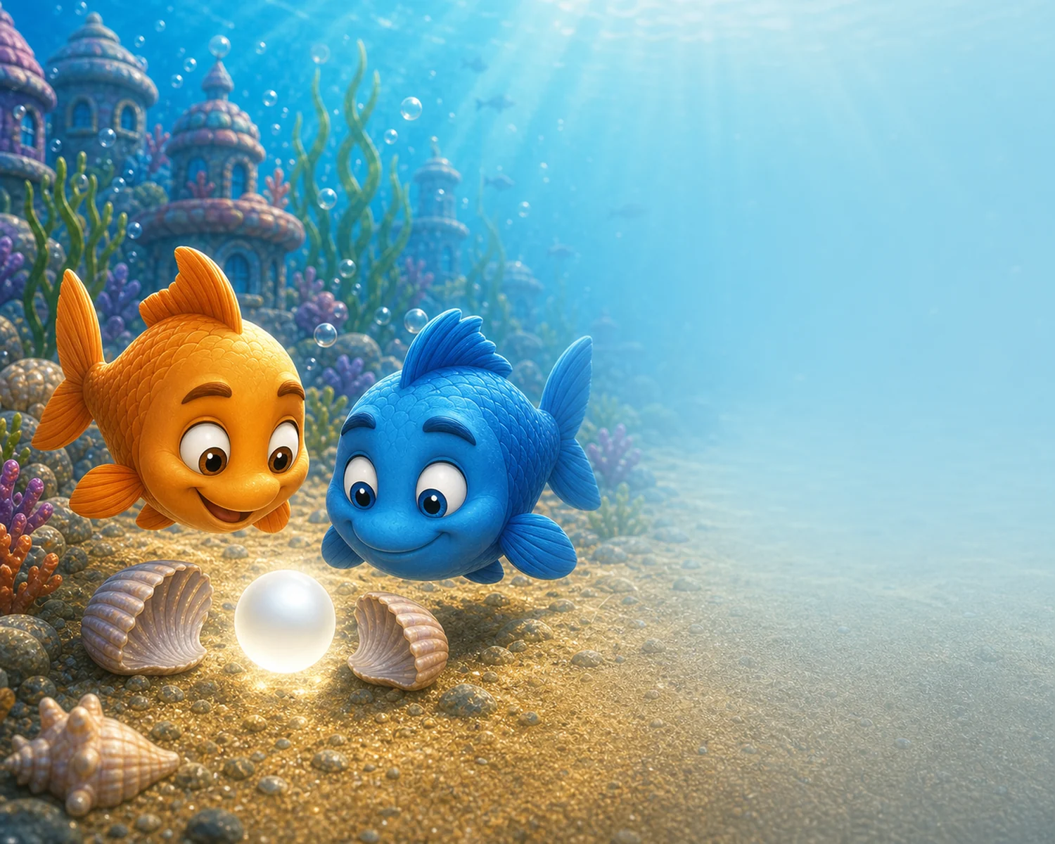 Puddle and Munch discover a glowing stone between two seashells.
