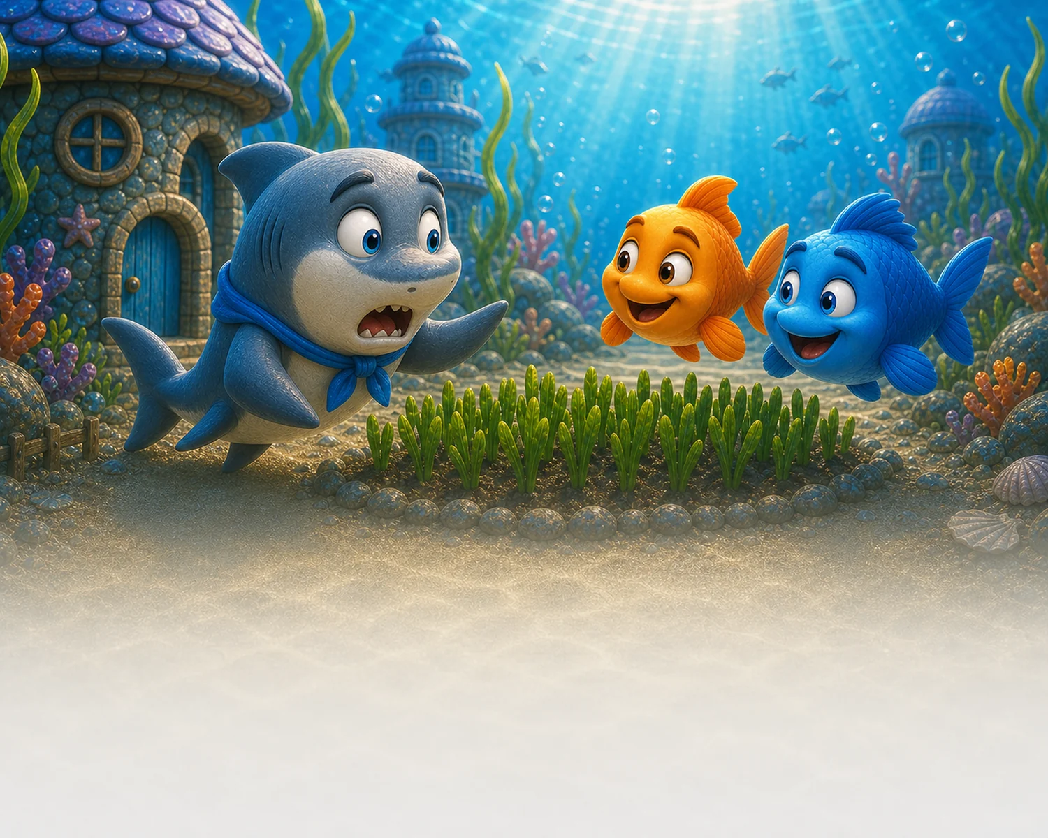 Chomp looks surprised as Puddle and Munch laugh beside his seagrass garden.