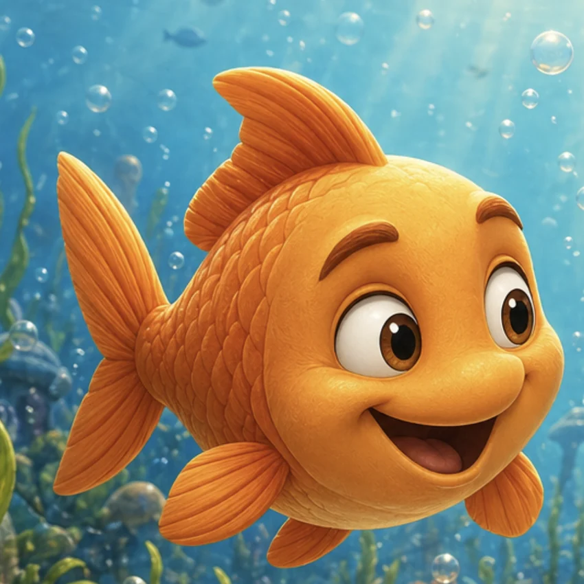 Puddle, the curious orange fish, with a bright smile.