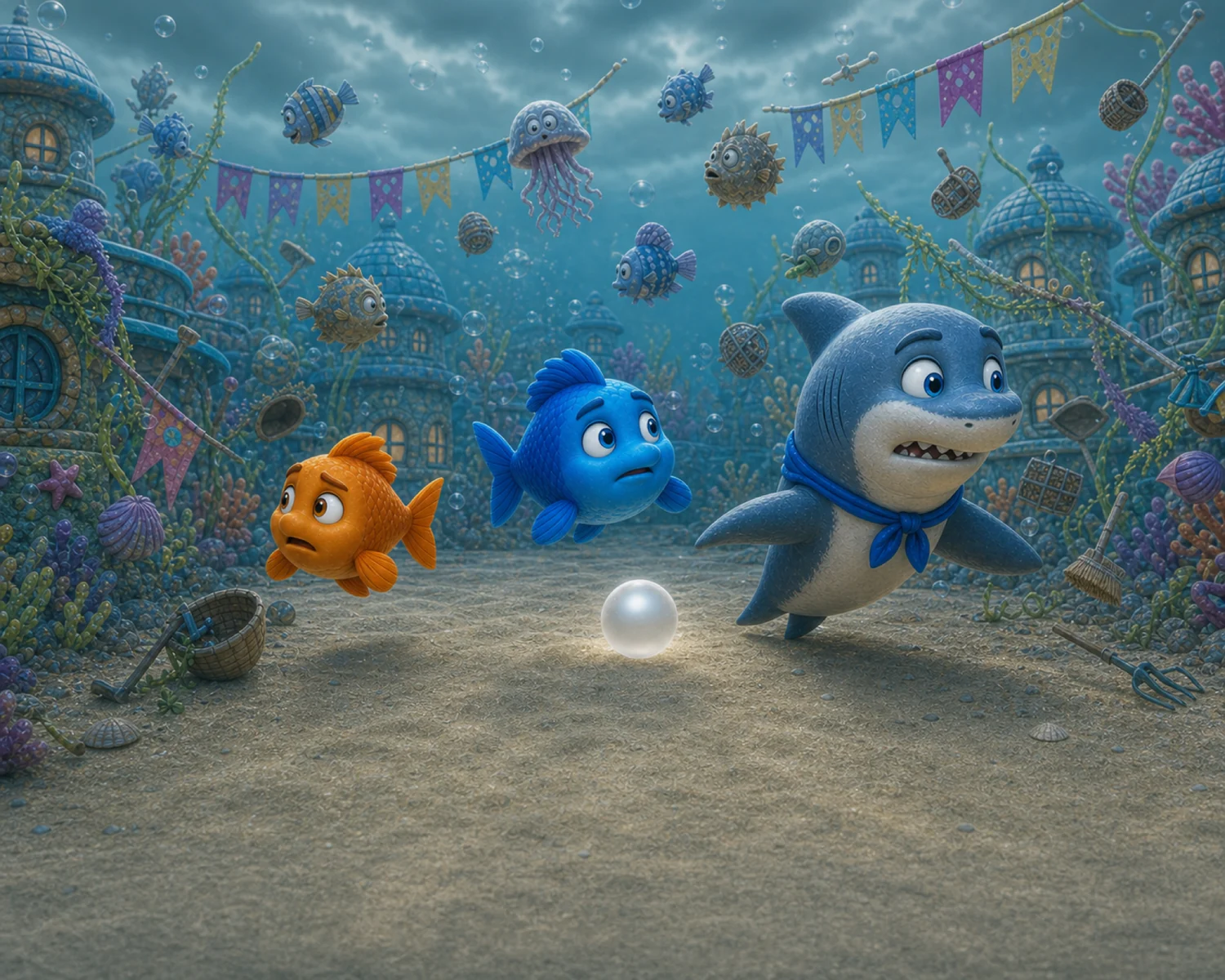 The three friends look around Aqua Cove as a storm darkens their underwater town.